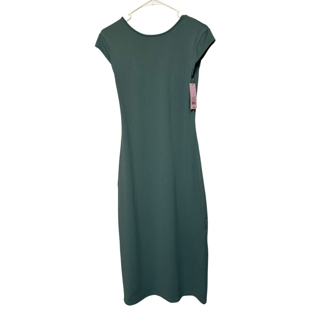 Green Bodycon Midi Dress Large Back Slit Fitted Minimalist Dress